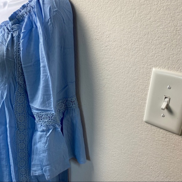 Sky Blue Lace Trim Off The Shoulder Dress - Picture 4 of 5